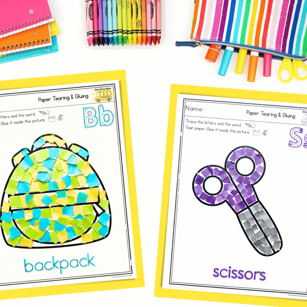 Paper tearing and gluing is one of my favorite activities to target fine motor skills. As a bonus, it lends an opportunity to teach your students how to use school supplies, like glue, properly! 