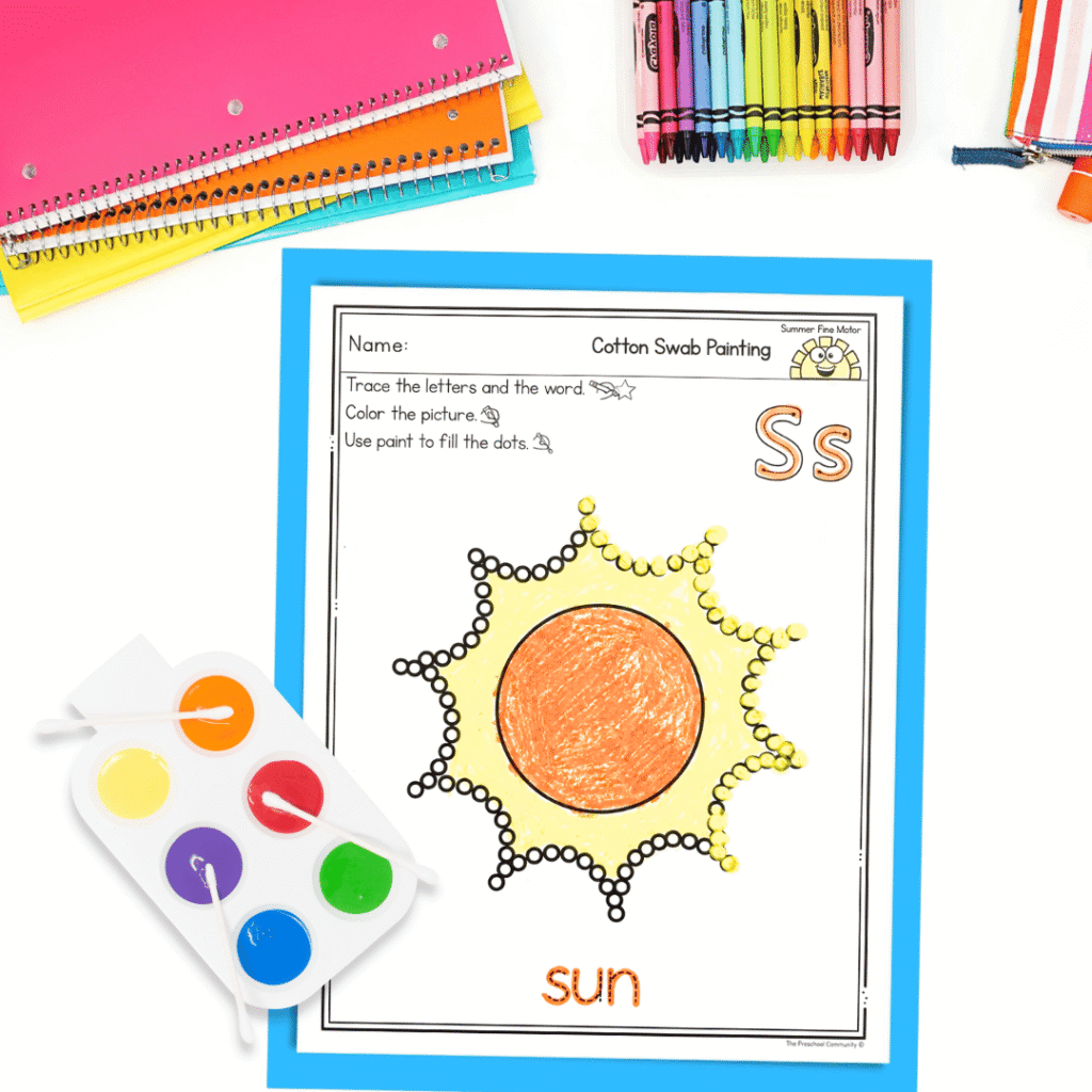 Cotton swab painting is a favorite because it feels like art, but it quietly strengthens fine motor control. And as a teacher, I love it because it gives the kids a creative outlet, but it's a very easy art project to manage and control with minimal mess.
