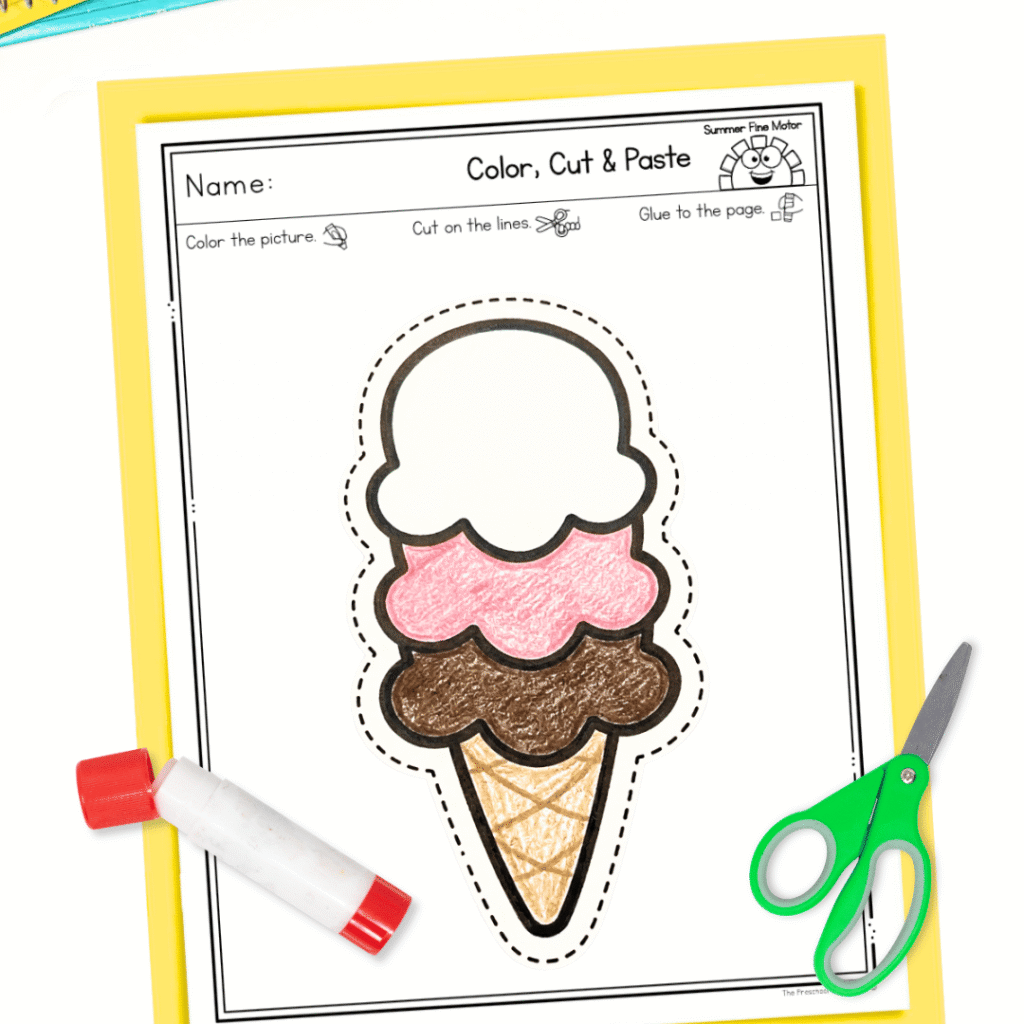 This activity steps up the last one for continued practice. Instead of just cutting on a straight line, students will cut on curved lines to cut out a picture. For your students who need more challenge, this is a great option!