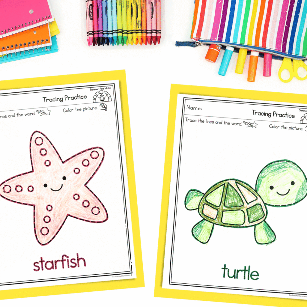 These pages take foundational tracing skills and combine them with engaging ocean-themed visuals. Students trace and color sea animals like turtles, sharks, and fish while also tracing the names of each creature.