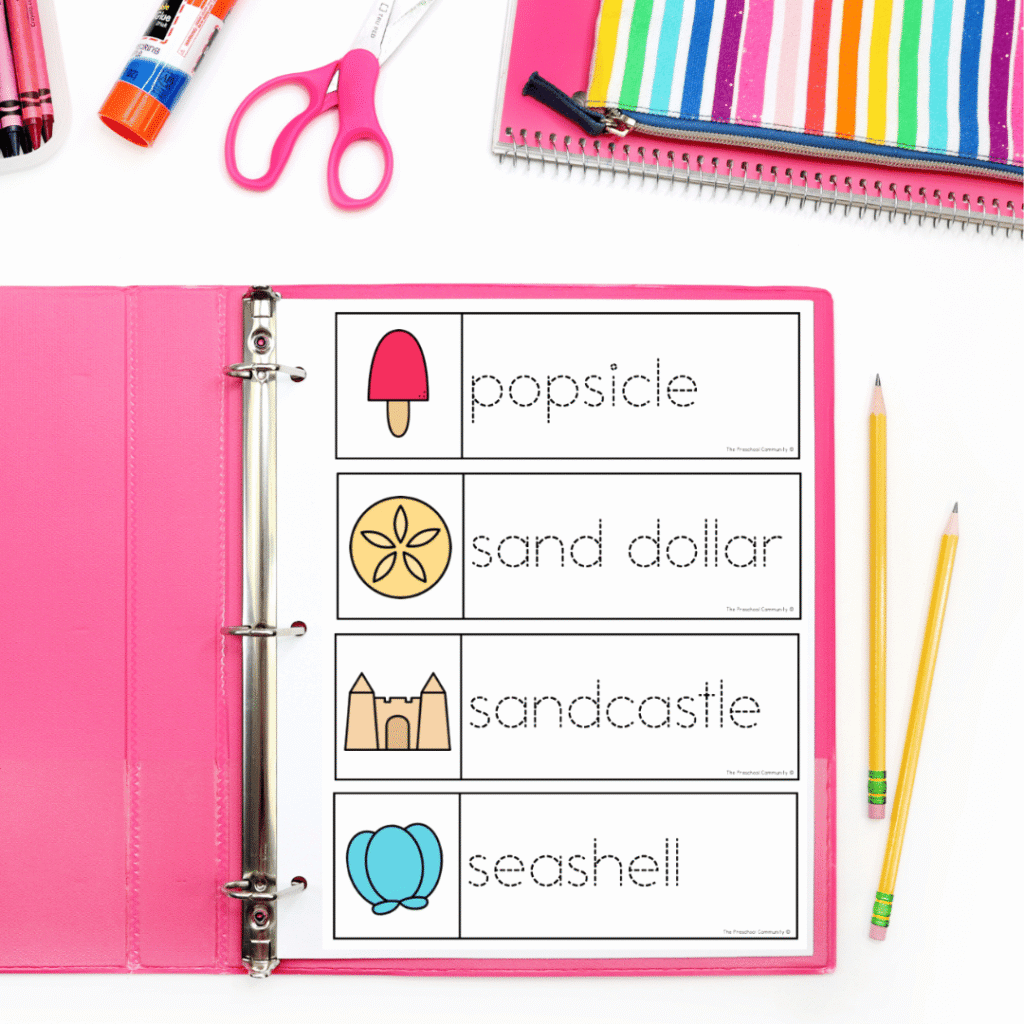 Vocabulary tracing cards are a simple way to blend early literacy with fine motor practice. Students trace summer words, color words, and shape words while building pencil control and early reading exposure at the same time.